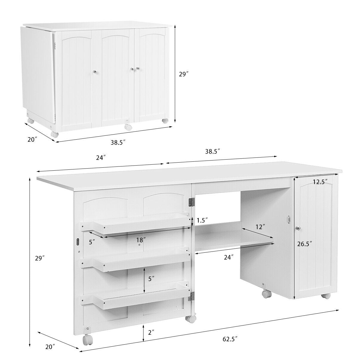 Folding Sewing Table Shelves Storage Cabinet Craft Cart with Wheels-White