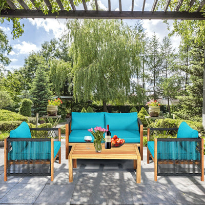 4 Pcs Acacia Wood Outdoor Patio Furniture Set with Cushions-TurquoiseÂ 