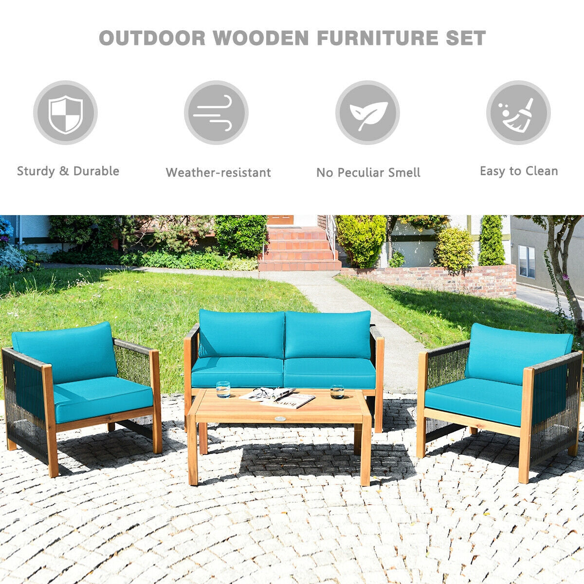 4 Pcs Acacia Wood Outdoor Patio Furniture Set with Cushions-Turquoise