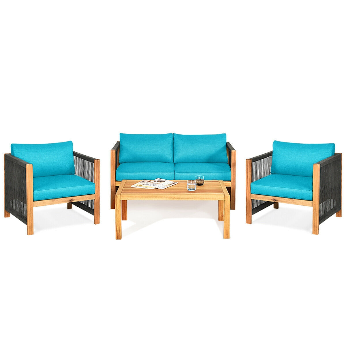 4 Pcs Acacia Wood Outdoor Patio Furniture Set with Cushions-Turquoise