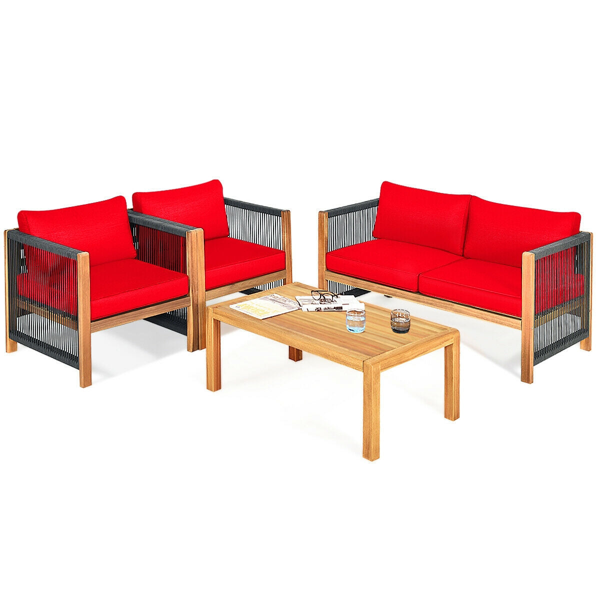 4 Pcs Acacia Wood Outdoor Patio Furniture Set with Cushions-Red