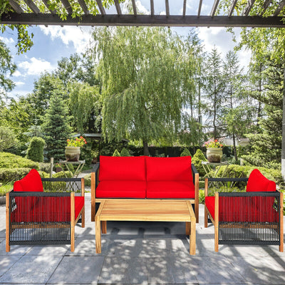 4 Pcs Acacia Wood Outdoor Patio Furniture Set with Cushions-RedÂ 