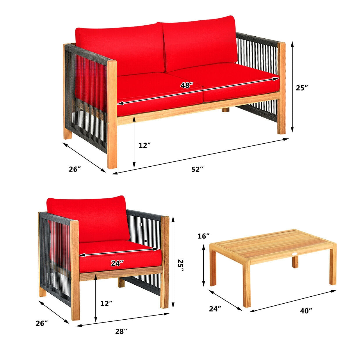 4 Pcs Acacia Wood Outdoor Patio Furniture Set with Cushions-Red