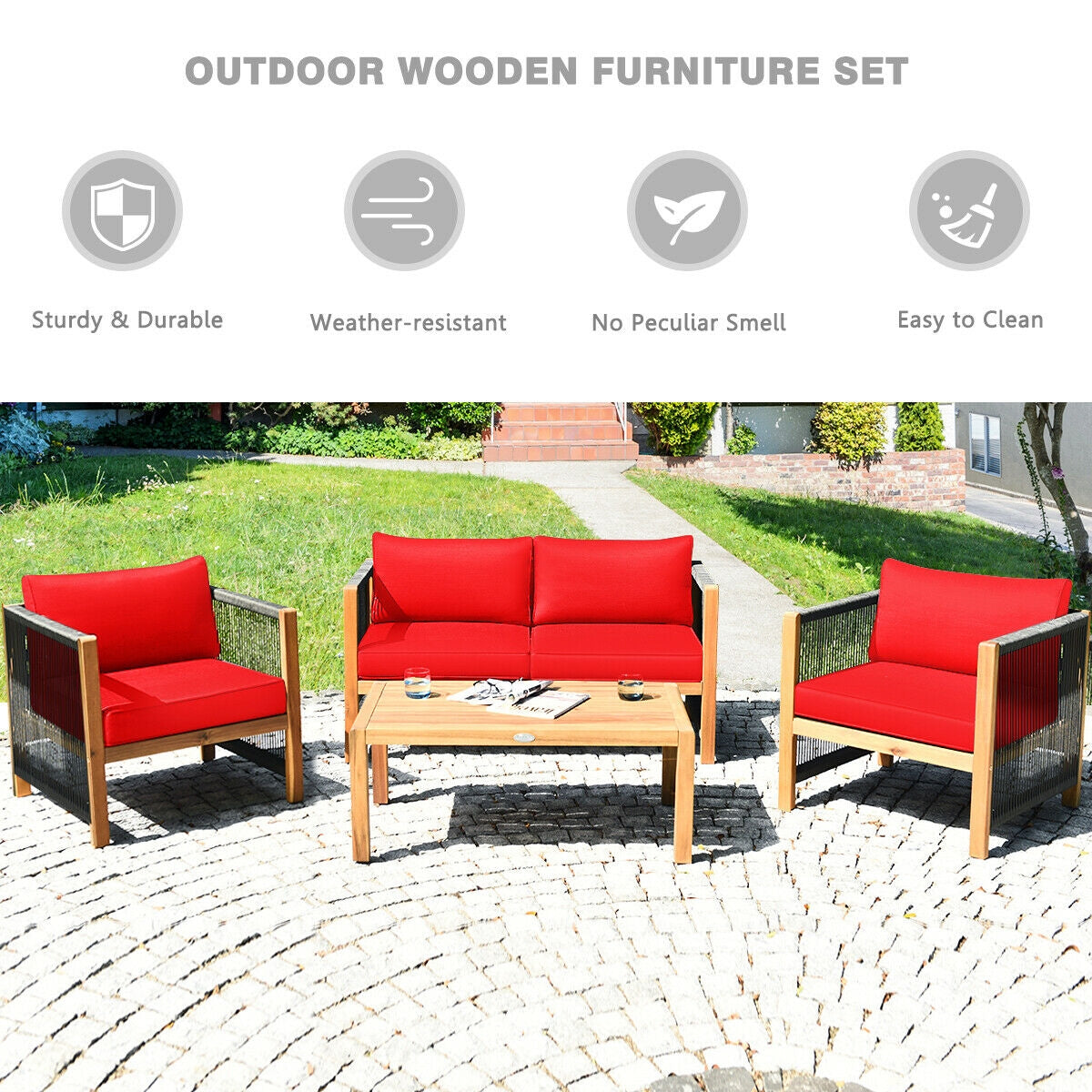 4 Pcs Acacia Wood Outdoor Patio Furniture Set with Cushions-Red