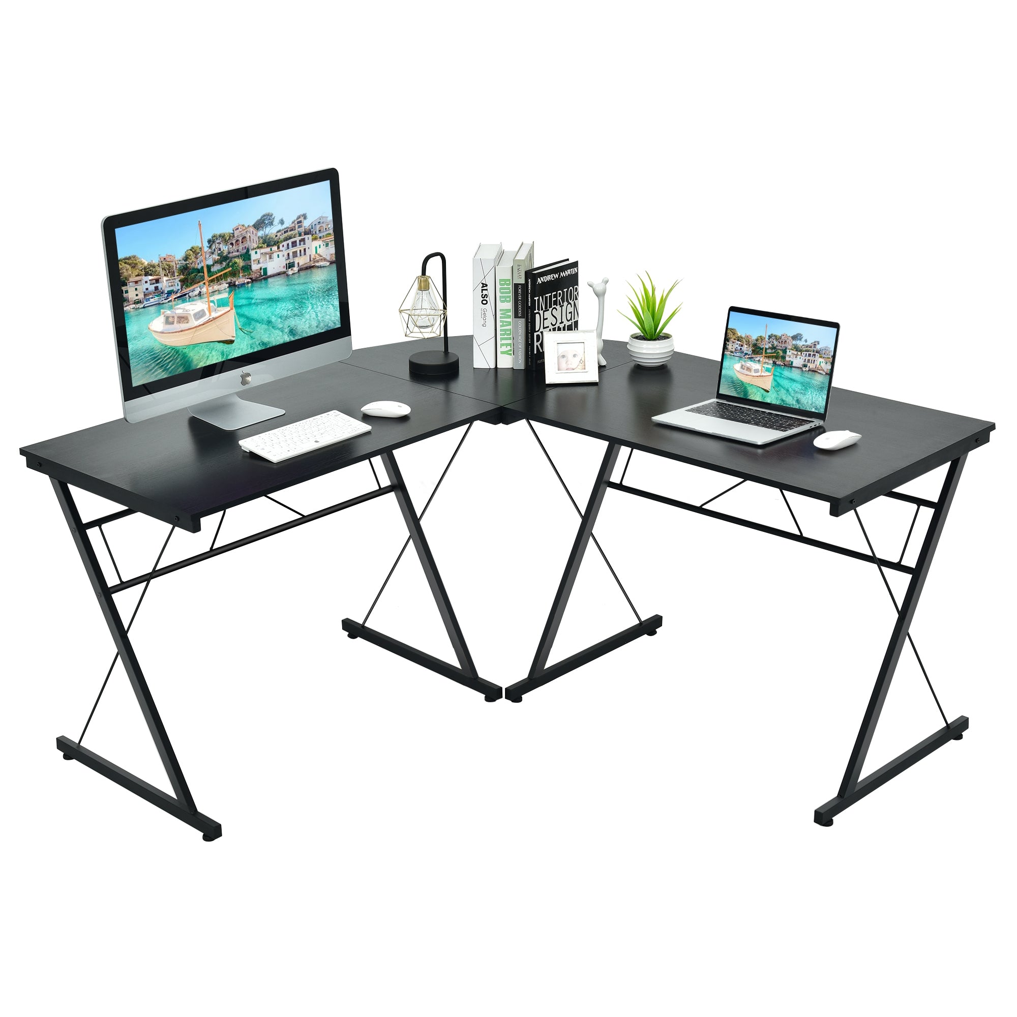 59 Inch L-Shaped Corner Desk Computer Table for Home Office Study Workstation-Black