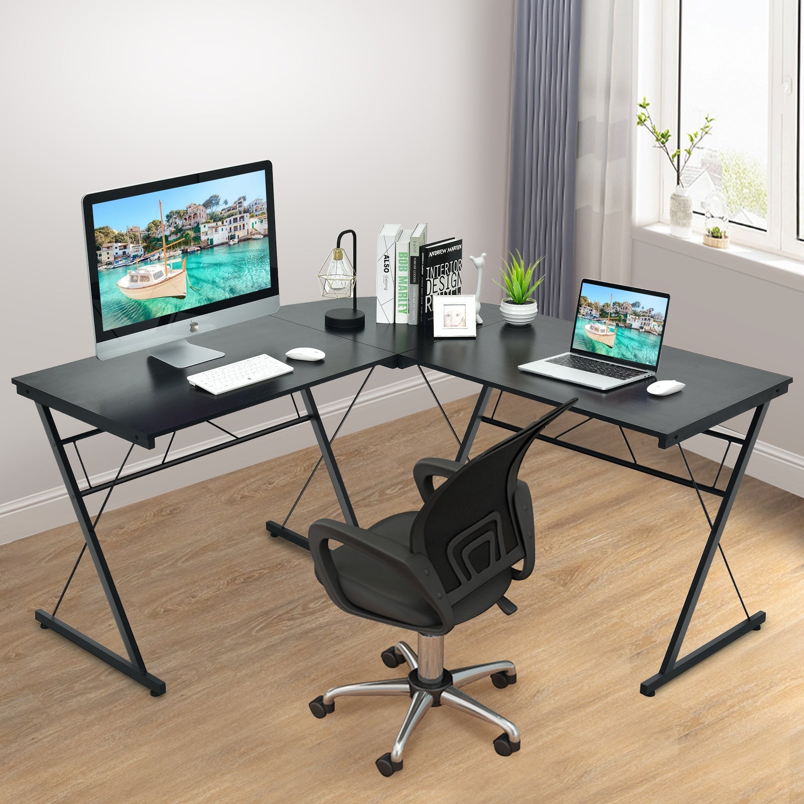 59 Inch L-Shaped Corner Desk Computer Table for Home Office Study Workstation-Black