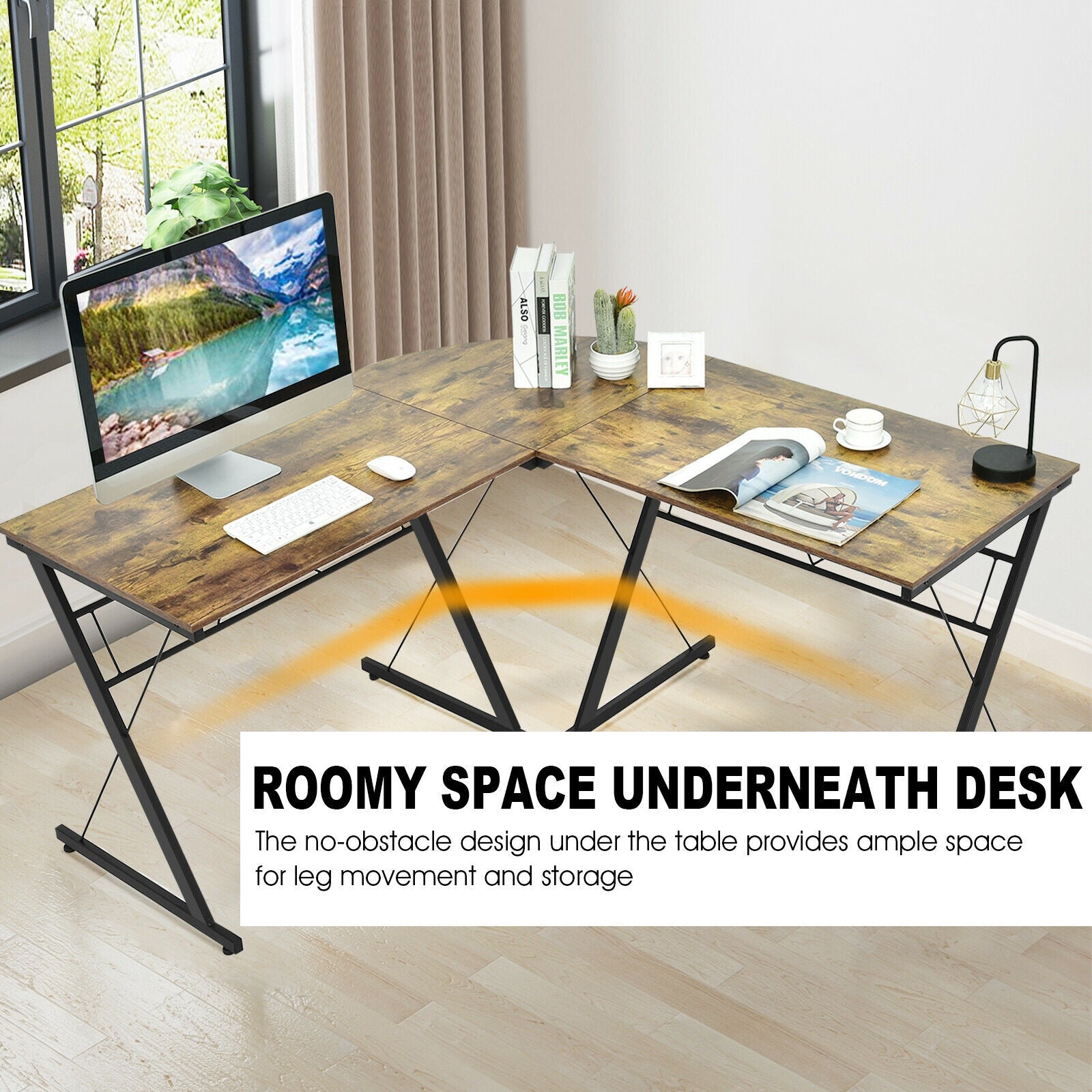 59 Inch L-Shaped Corner Desk Computer Table for Home Office Study Workstation-Brown