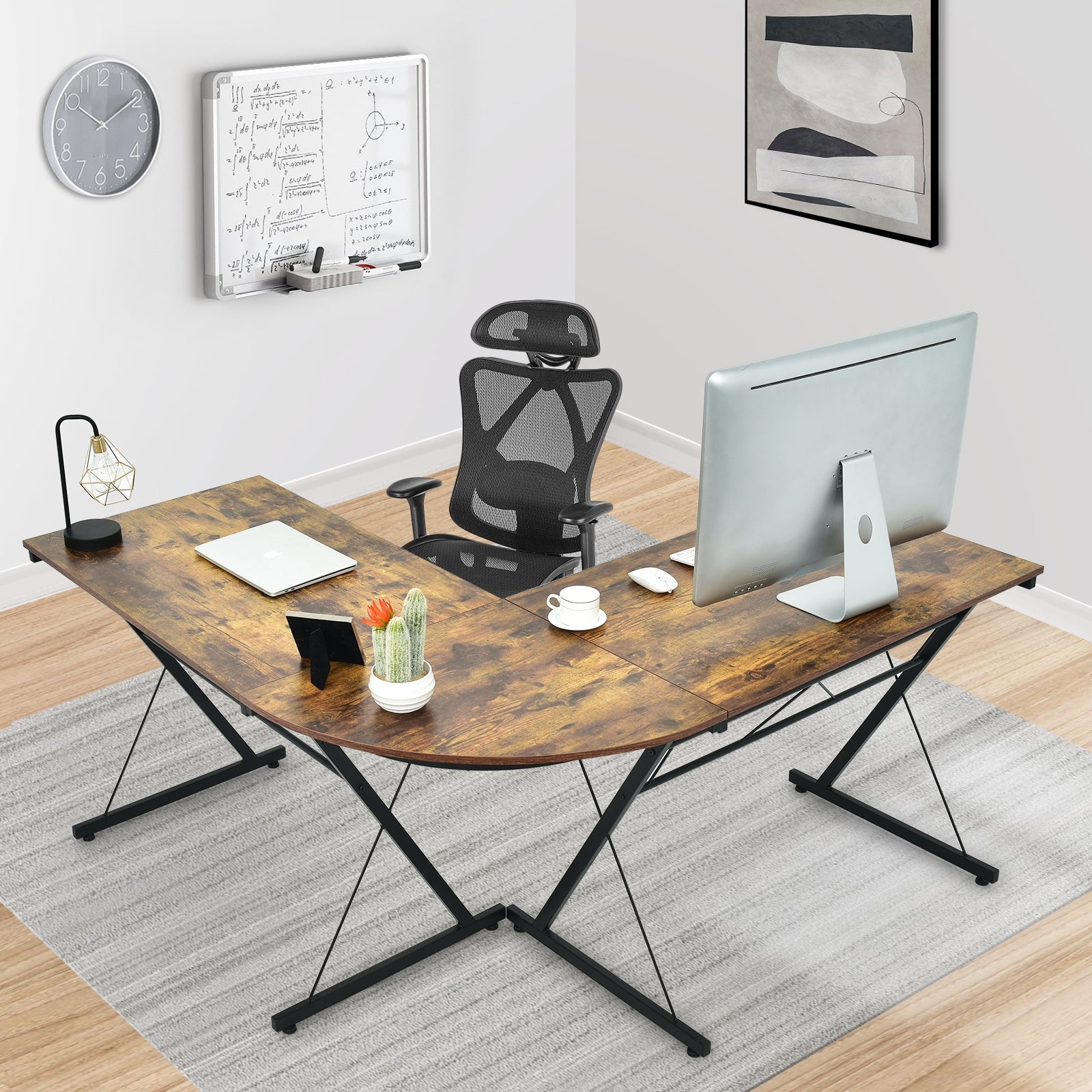 59 Inch L-Shaped Corner Desk Computer Table for Home Office Study Workstation-Brown