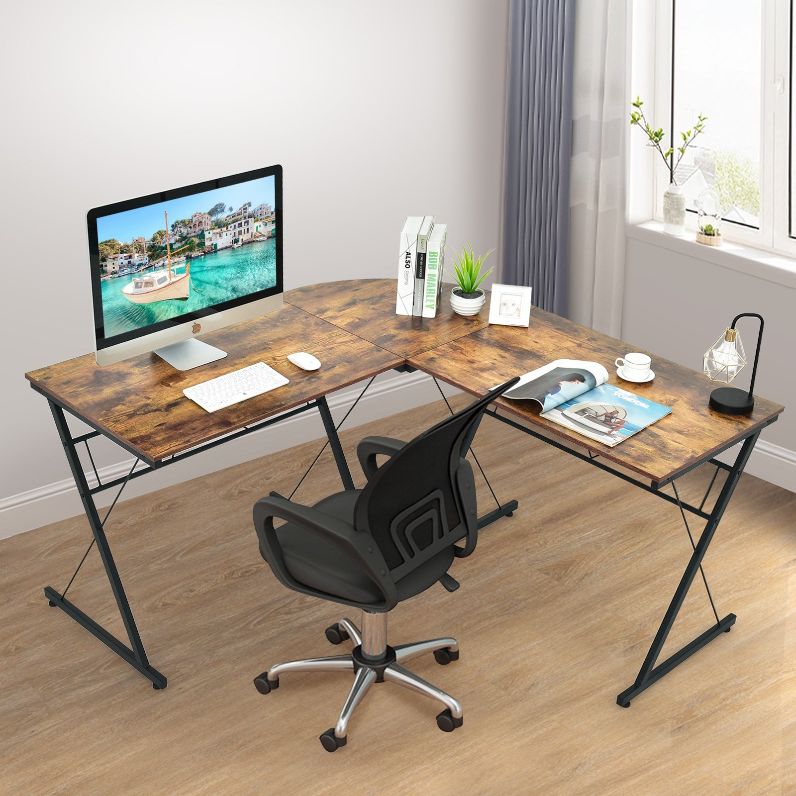 59 Inch L-Shaped Corner Desk Computer Table for Home Office Study Workstation-Brown