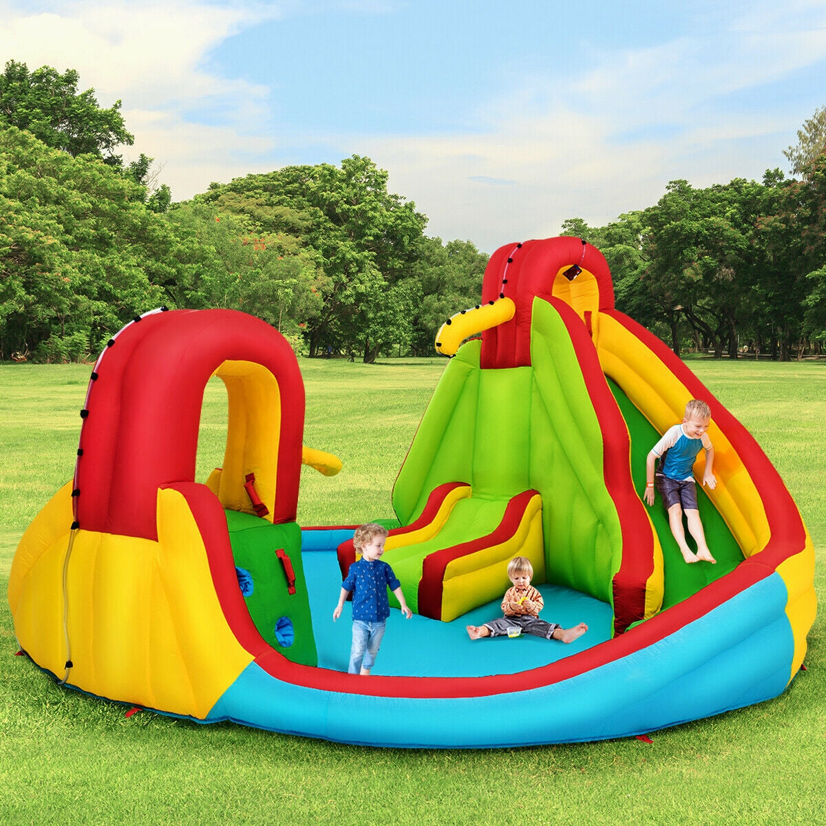 Kid's Inflatable Water Slide Bounce House with Climbing Wall and Pool Without Blower