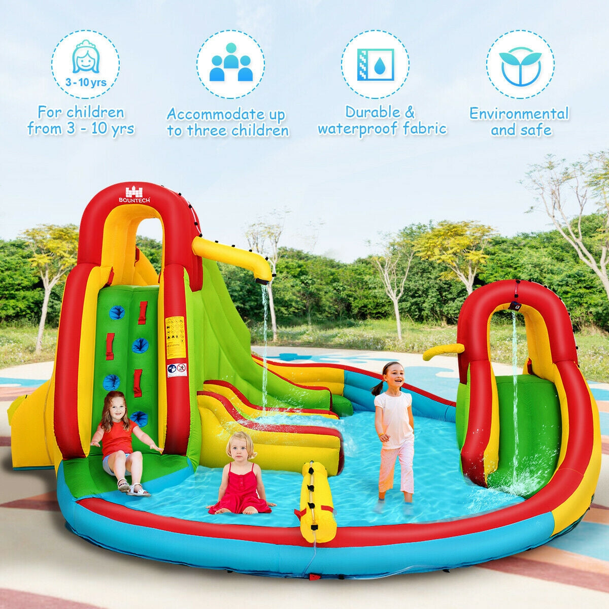 Kid's Inflatable Water Slide Bounce House with Climbing Wall and Pool Without Blower