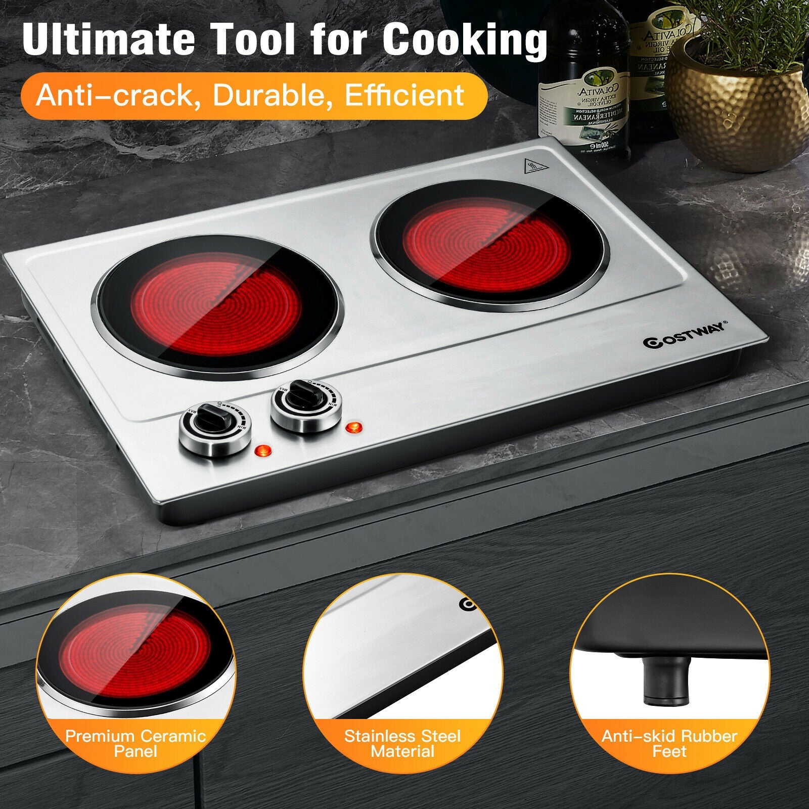 1800W Stainless Steel Infrared Cooktop with Non-slipping Feet and Adjustable TemperatureÂ 