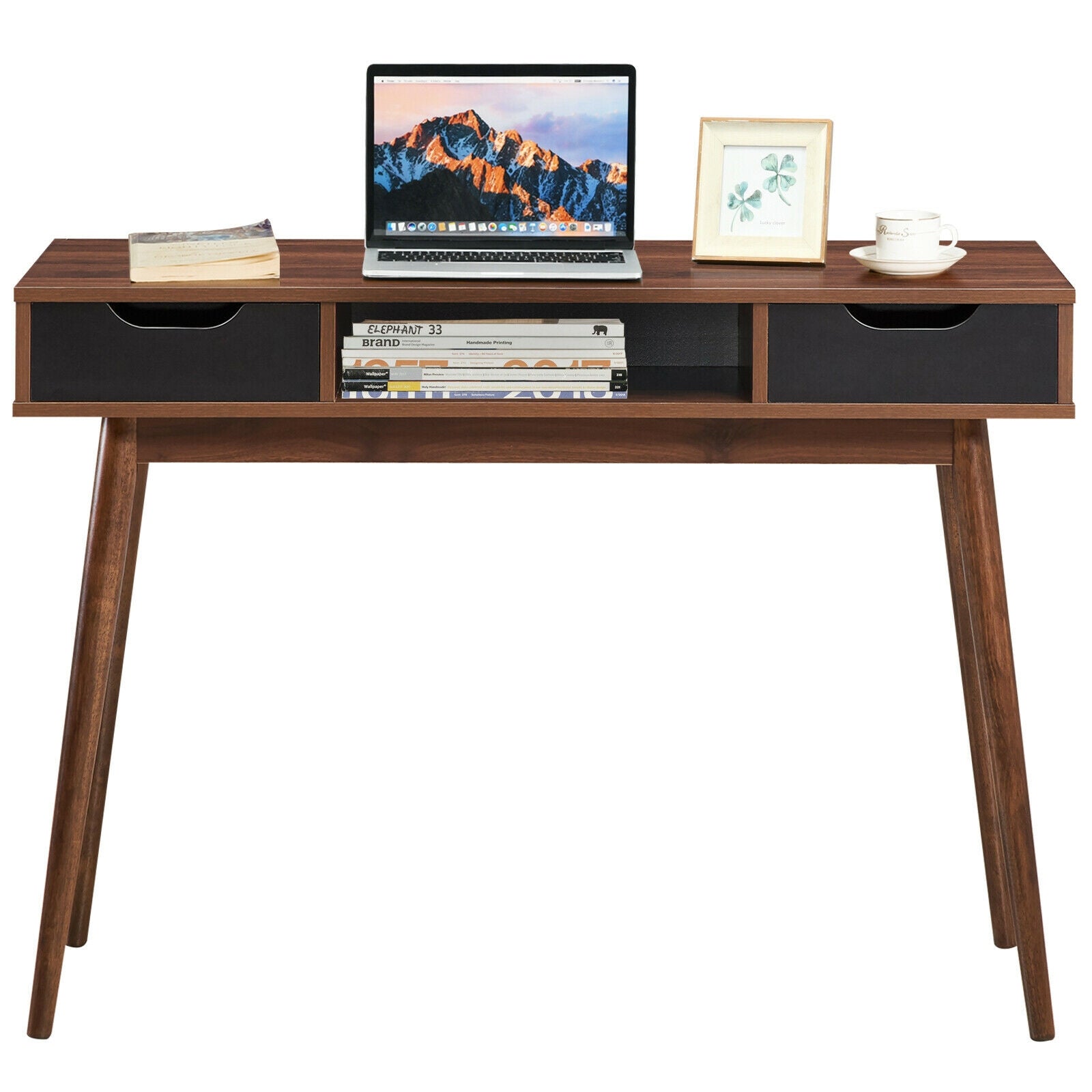 Stylish Computer Desk Workstation with 2 Drawers and Solid Wood Legs-Walnut