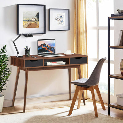 Stylish Computer Desk Workstation with 2 Drawers and Solid Wood Legs-WalnutÂ 