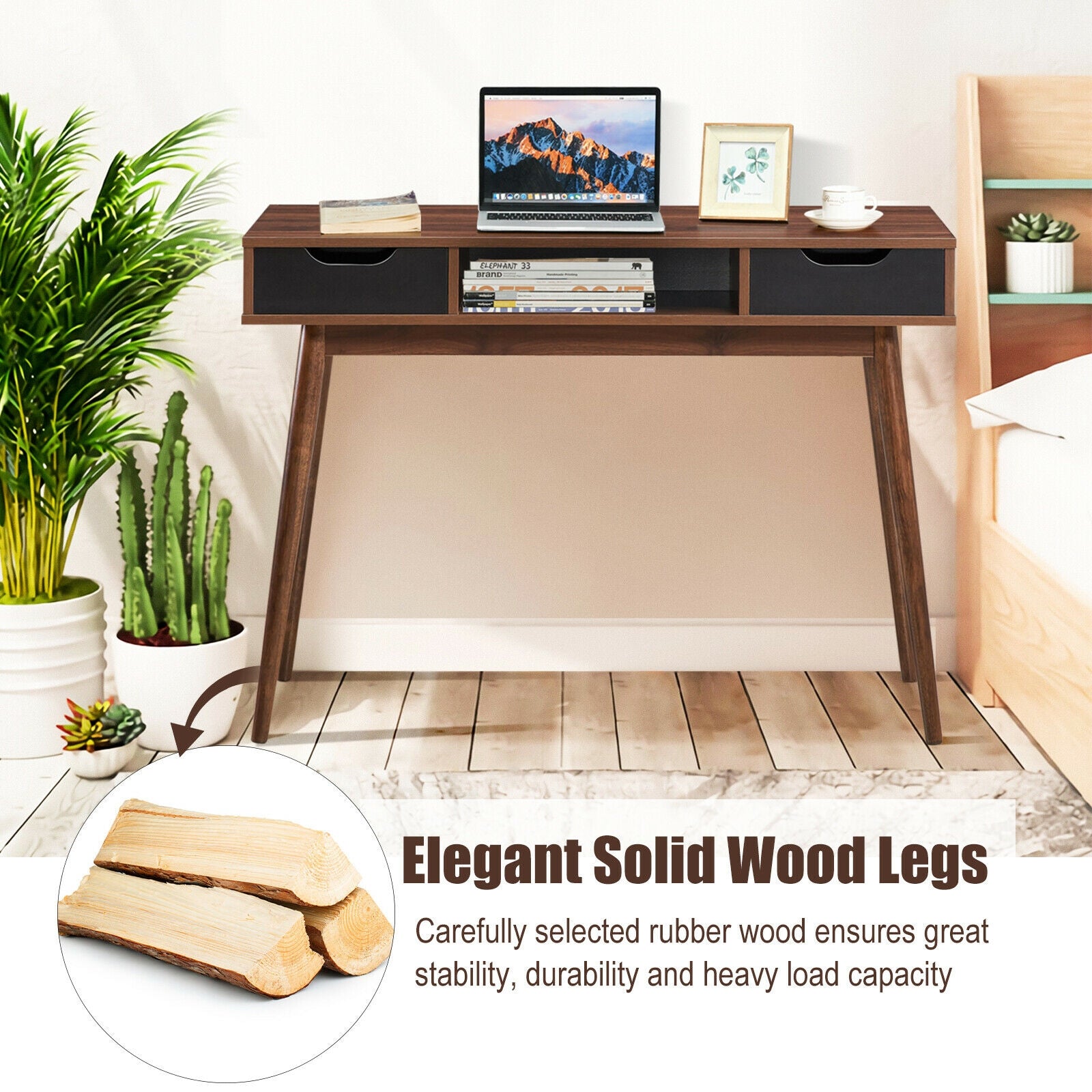 Stylish Computer Desk Workstation with 2 Drawers and Solid Wood Legs-Walnut