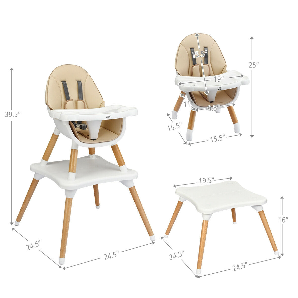 5-in-1 Baby Wooden Convertible High Chair -KhakiÂ 