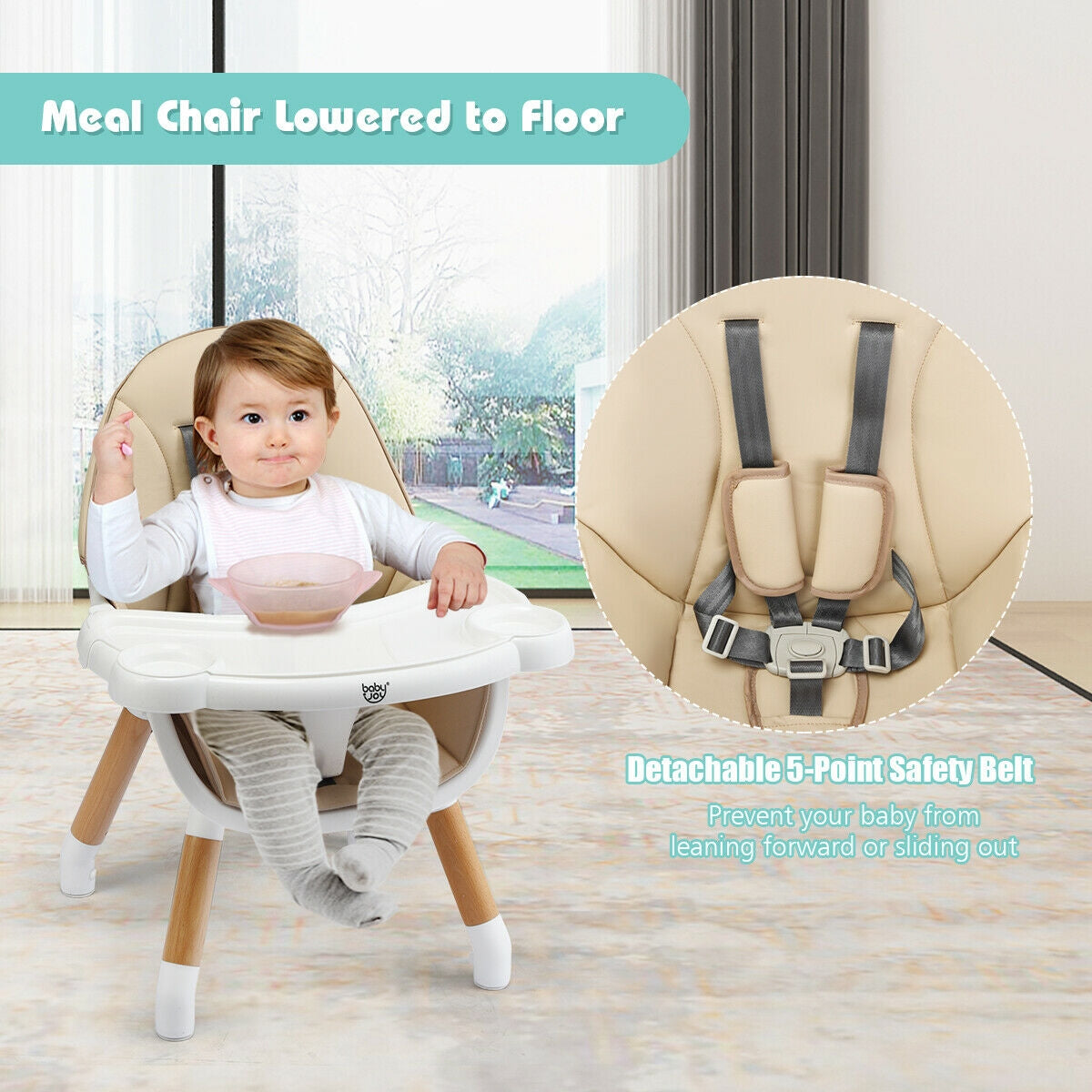 5-in-1 Baby Wooden Convertible High Chair -KhakiÂ 