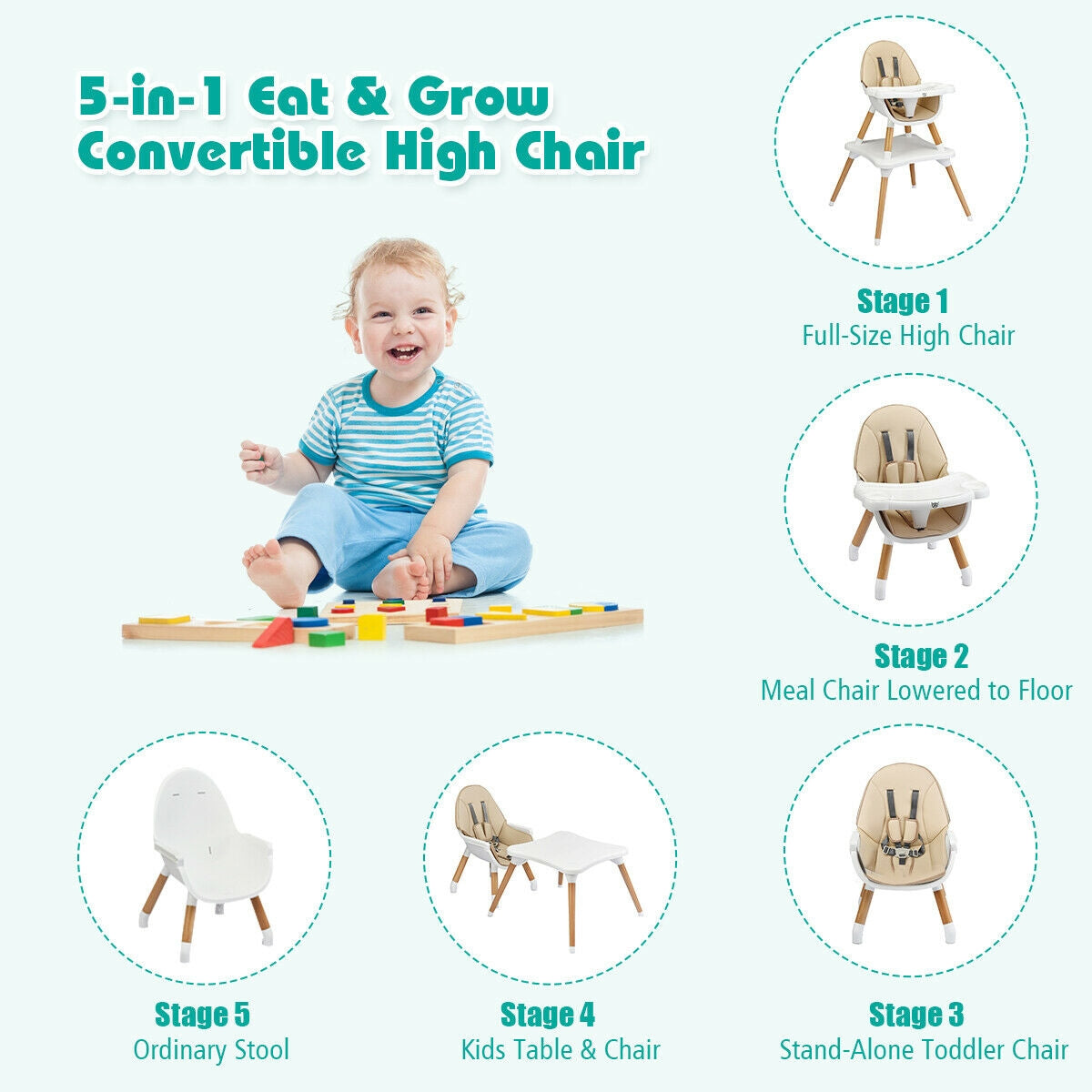 5-in-1 Baby Wooden Convertible High Chair -Khaki