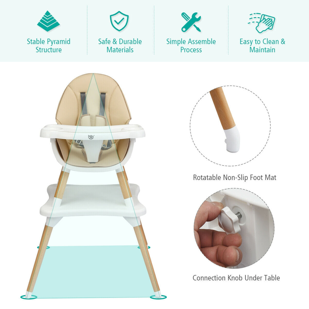 5-in-1 Baby Wooden Convertible High Chair -KhakiÂ 