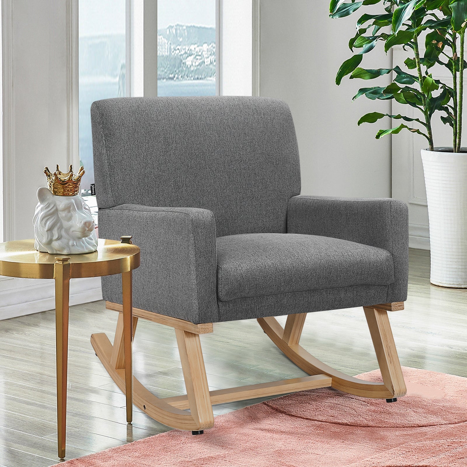 Upholstered Rocking Chair with and Solid Wood Base-Gray