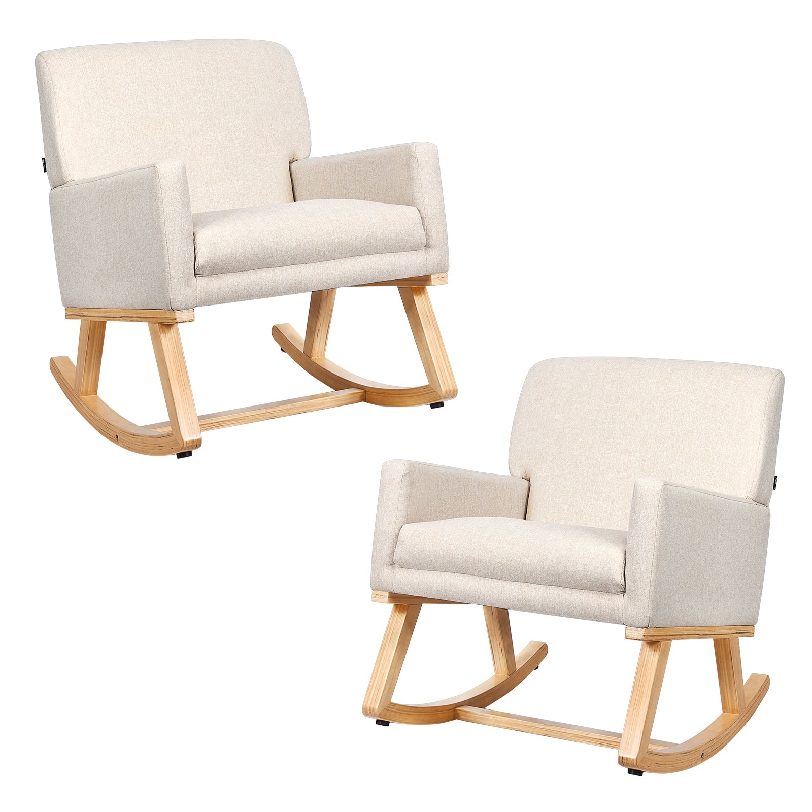 Upholstered Rocking Chair with and Solid Wood Base-Beige