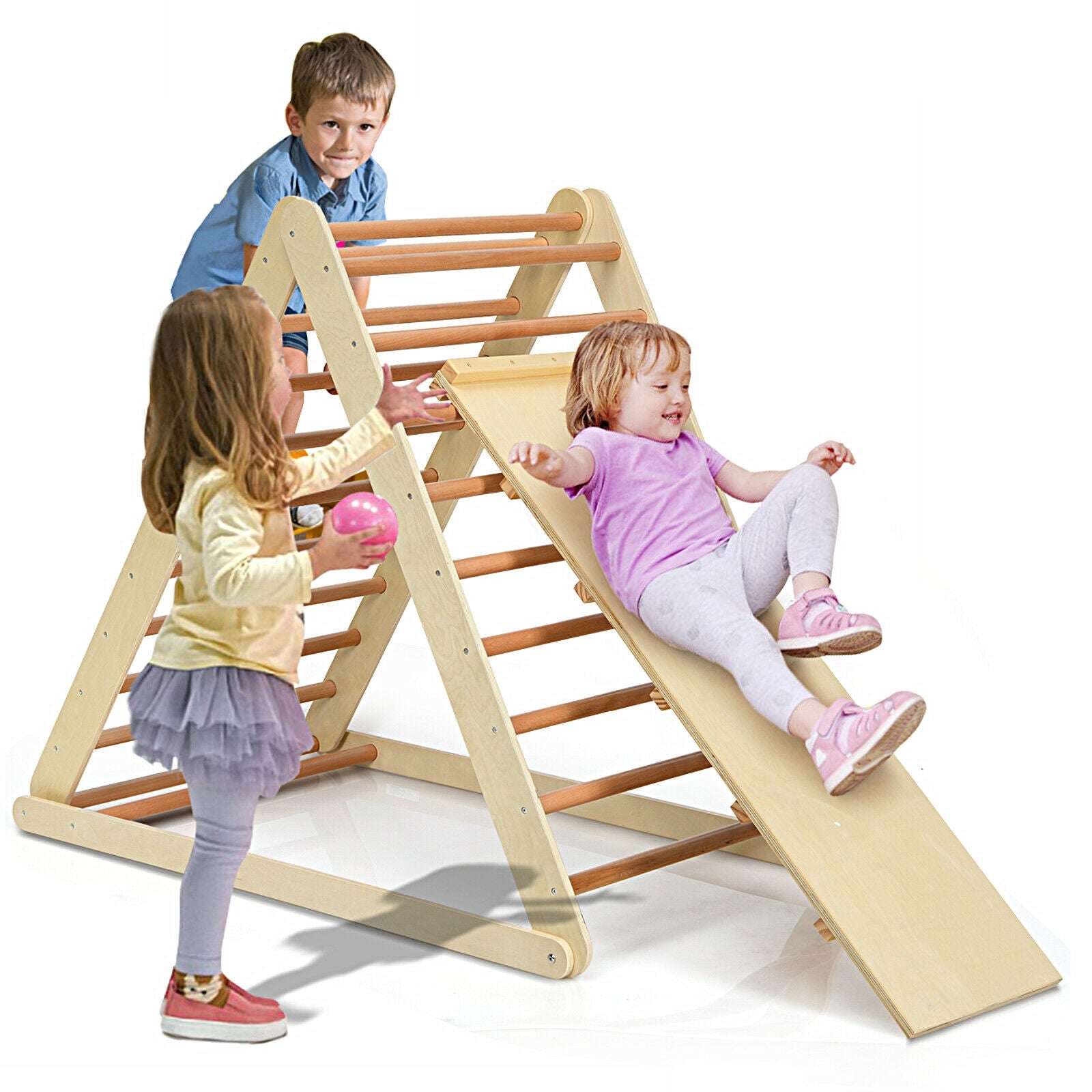 Foldable Wooden Climbing Triangle Indoor with Ladder for Toddler Baby-Natural