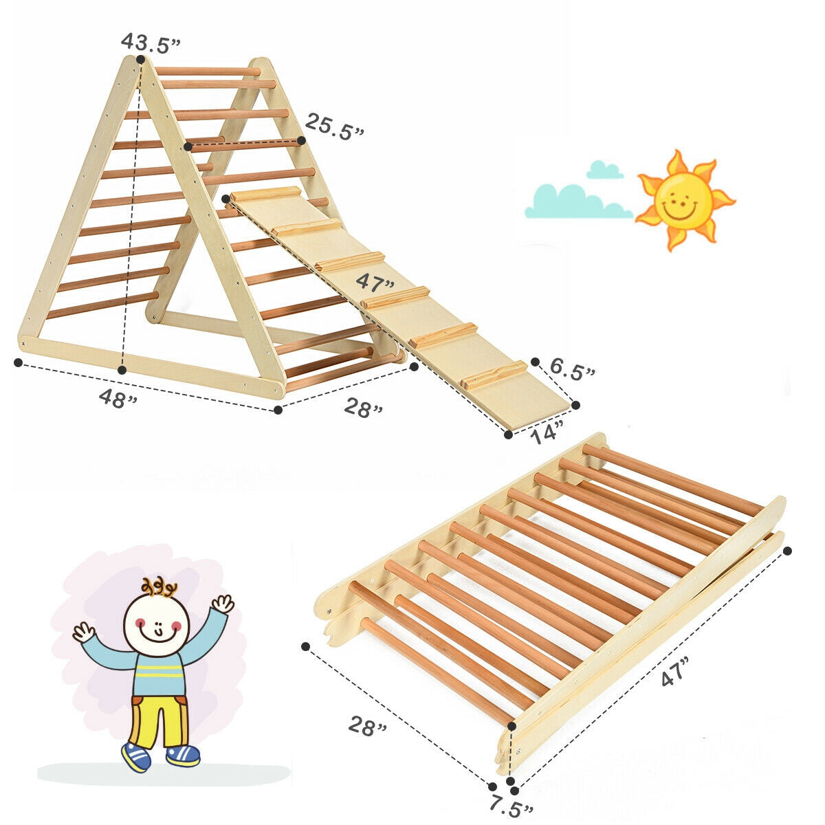 Foldable Wooden Climbing Triangle Indoor with Ladder for Toddler Baby-Natural