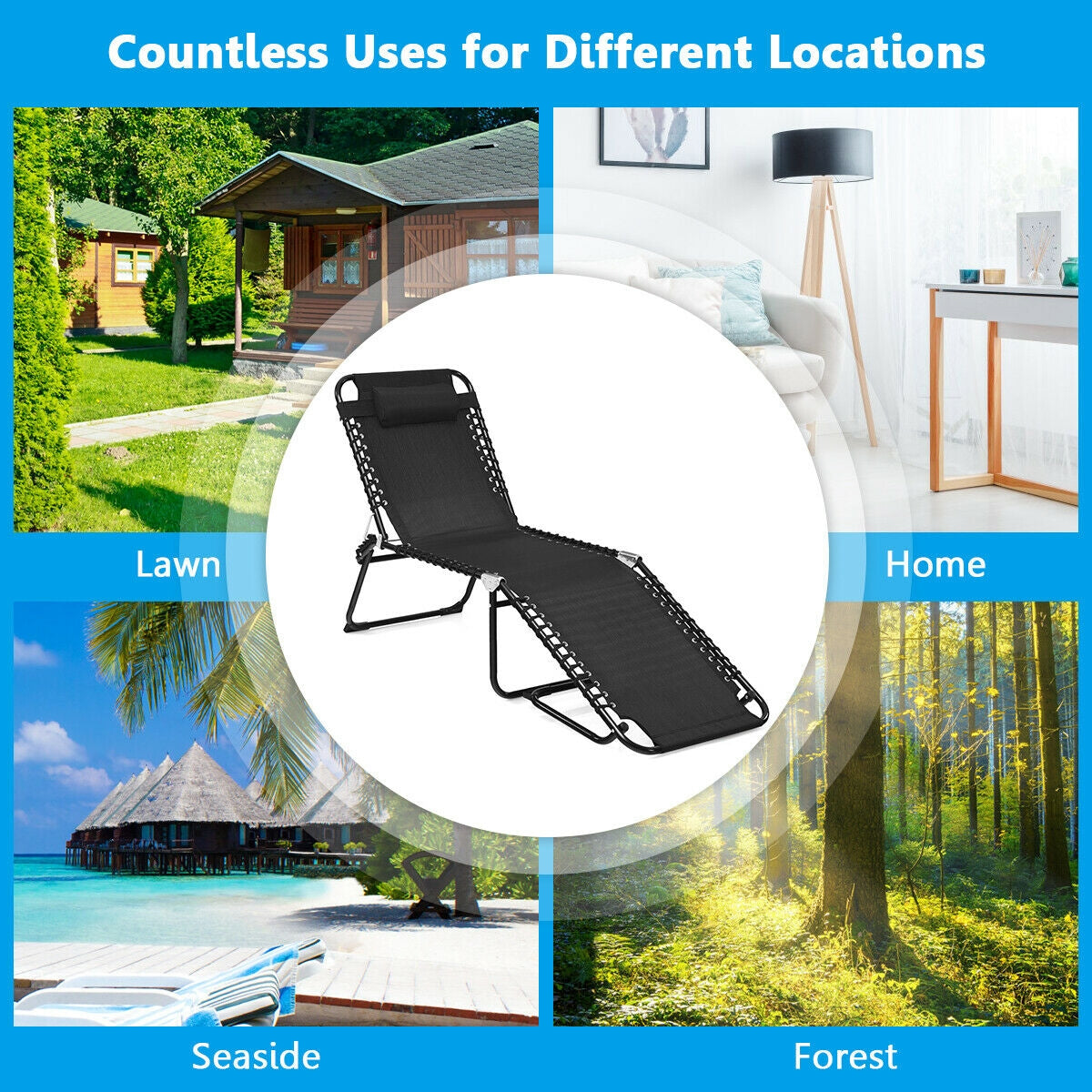 Folding Heightening Design Beach Lounge Chair with Pillow for Patio-Black