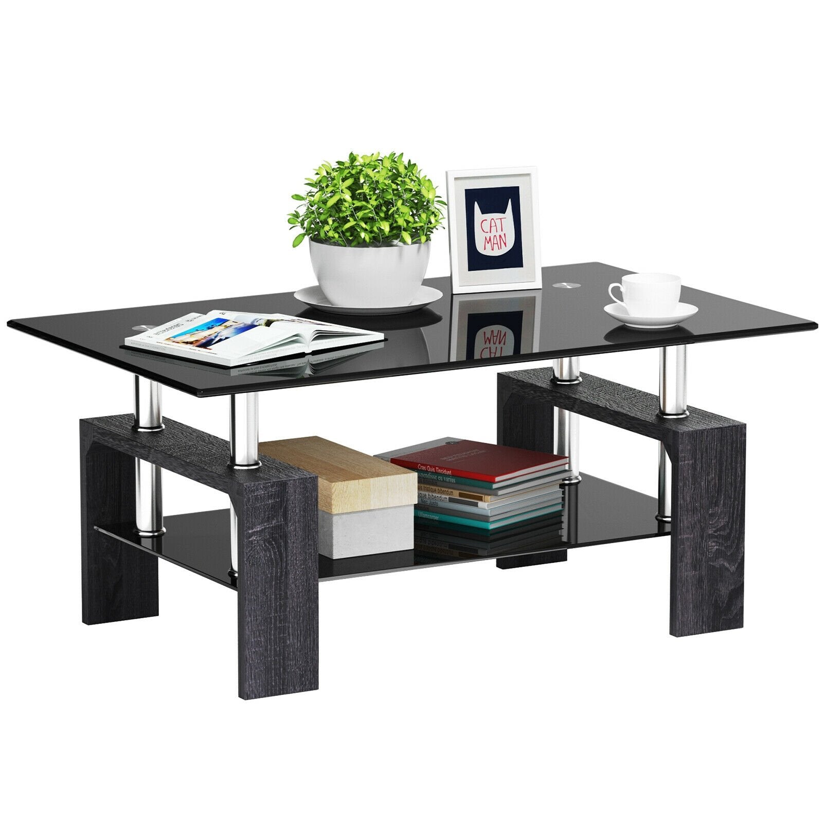 Rectangular Tempered Glass Coffee Table with Shelf-Gray