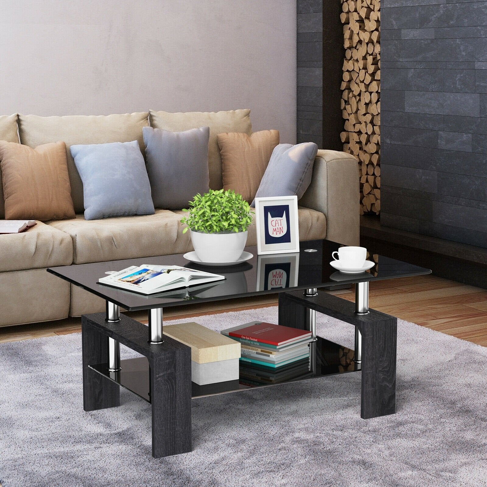 Rectangular Tempered Glass Coffee Table with Shelf-Gray