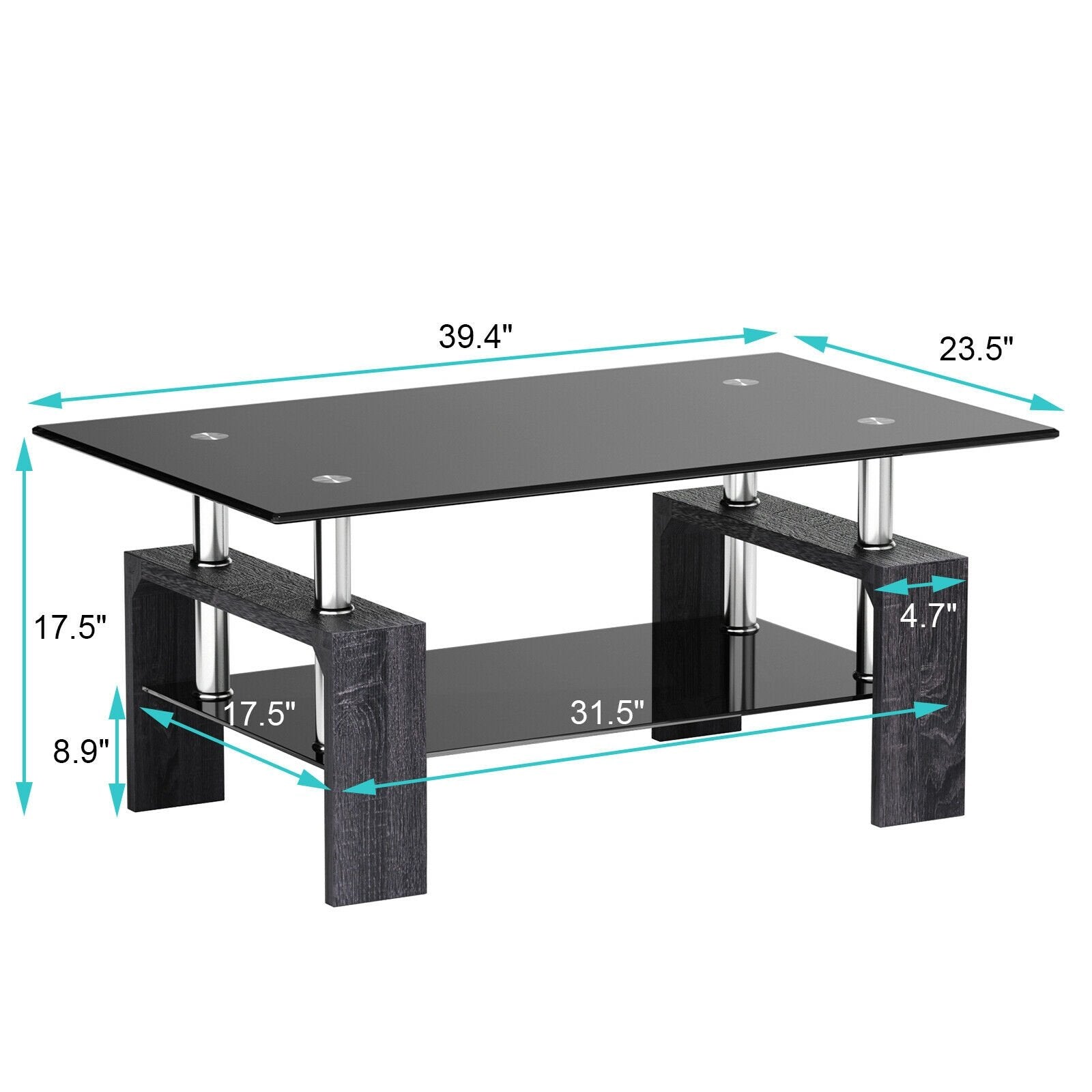 Rectangular Tempered Glass Coffee Table with Shelf-Gray