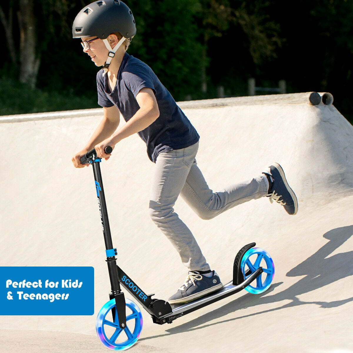 Portable Folding Sports Kick Scooter with LED Wheels-Blue