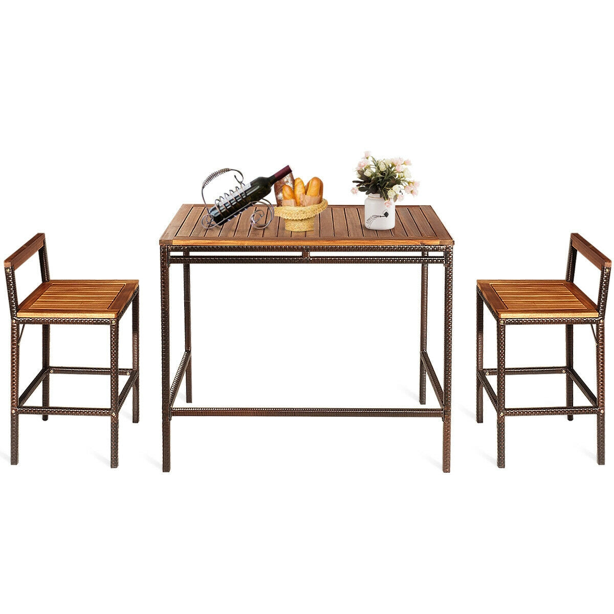 3 Pieces Patio Rattan Wicker Bar Dining Furniture Set