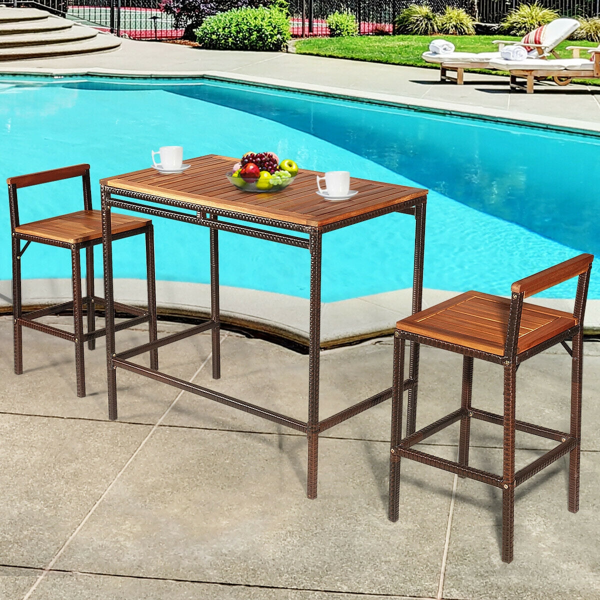 3 Pieces Patio Rattan Wicker Bar Dining Furniture Set