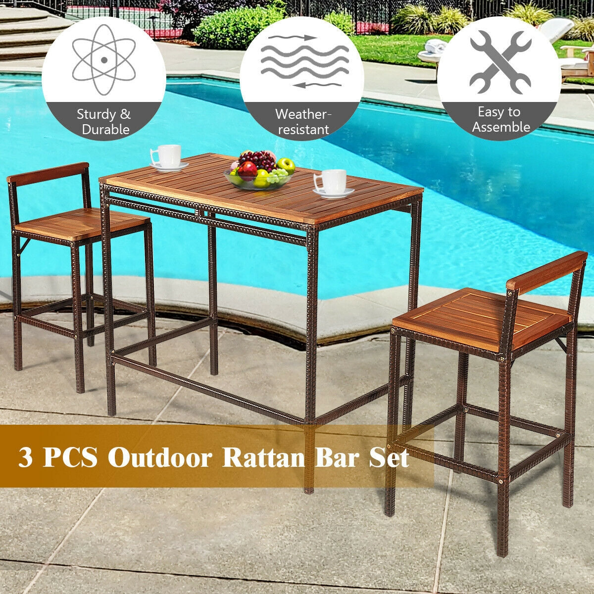 3 Pieces Patio Rattan Wicker Bar Dining Furniture Set