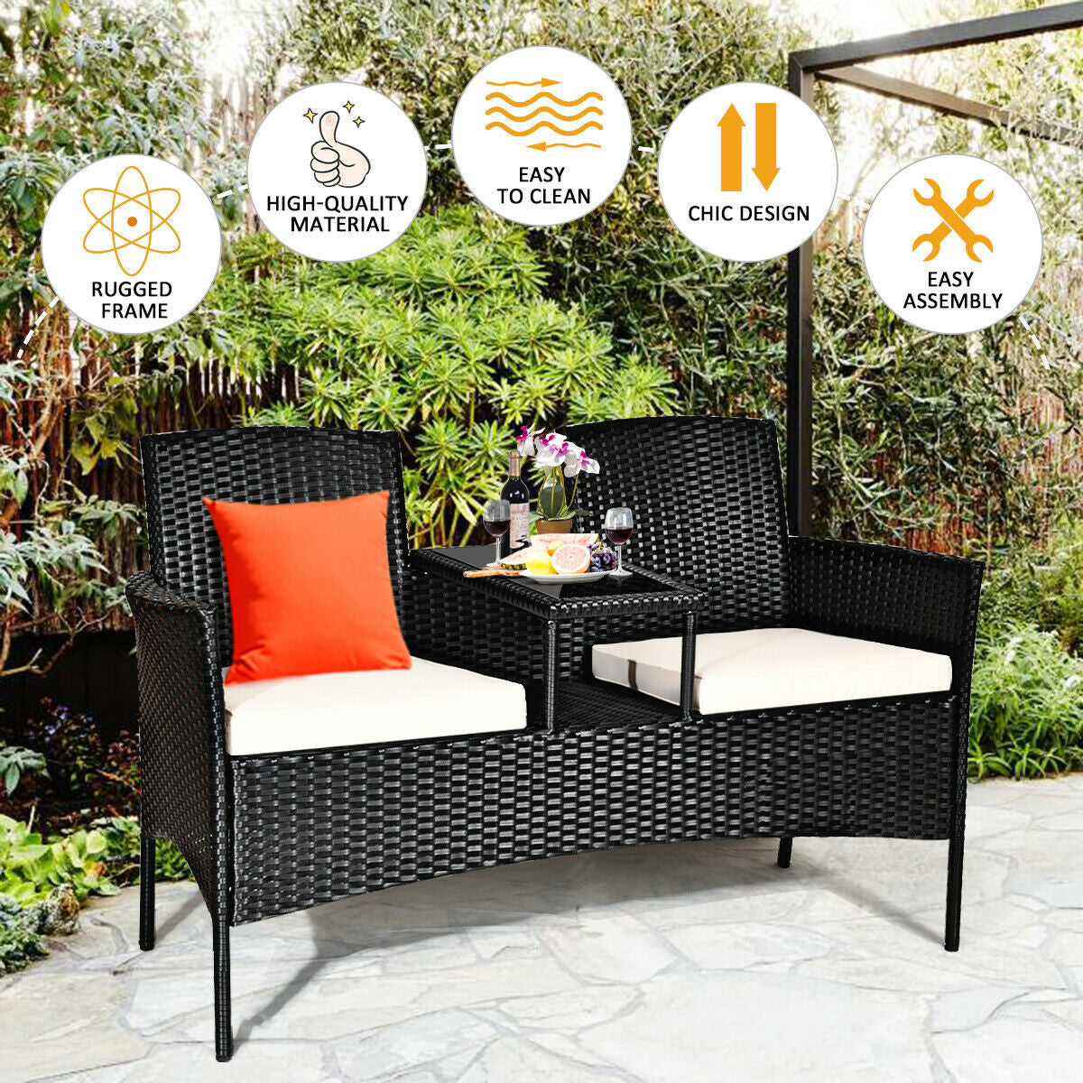 Wicker Patio Conversation Furniture Set with Removable Cushions and Table-White