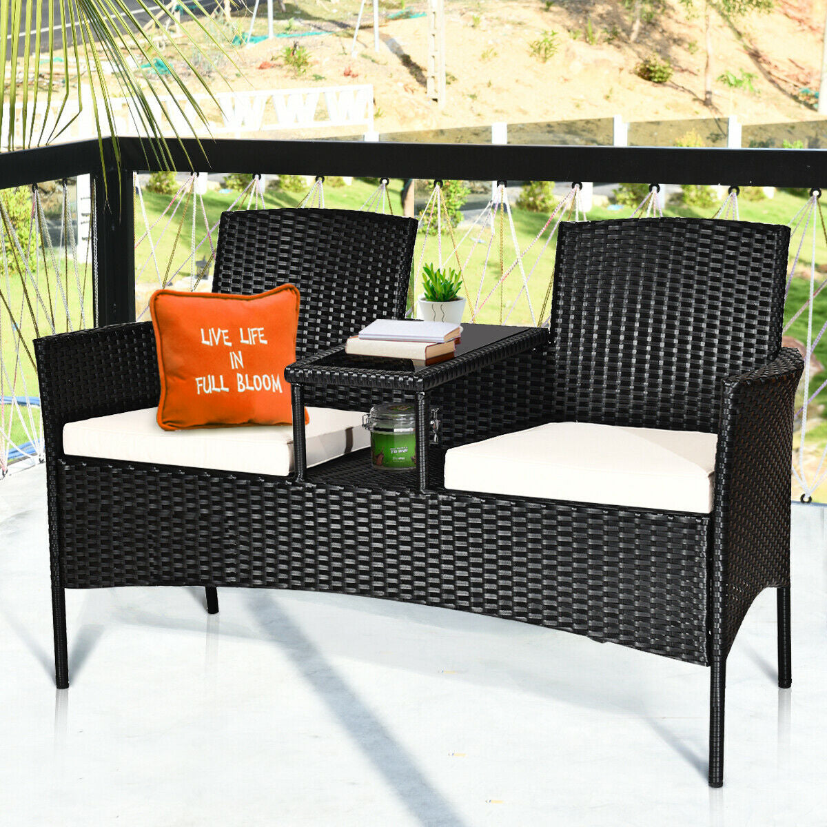 Wicker Patio Conversation Furniture Set with Removable Cushions and Table-White