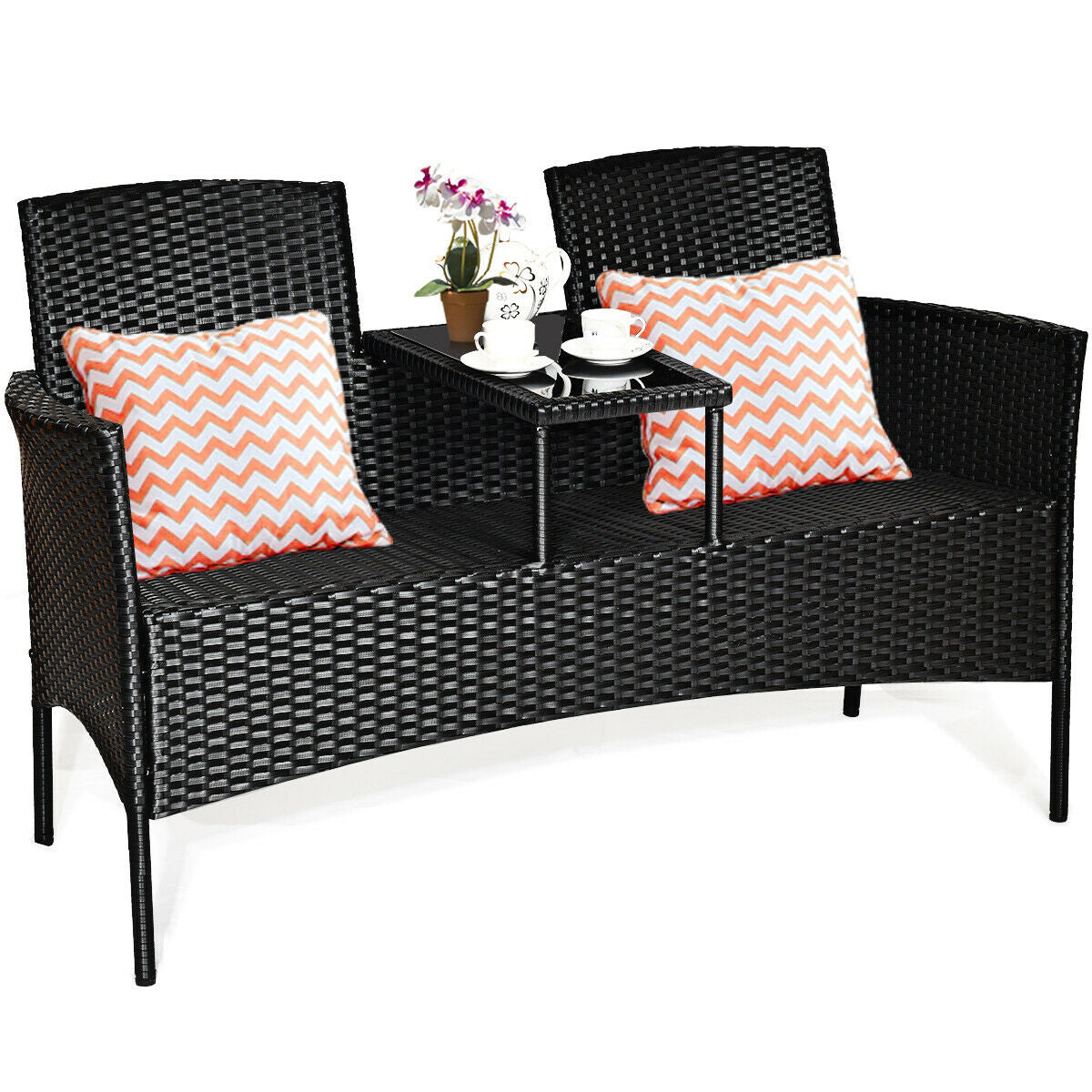 Wicker Patio Conversation Furniture Set with Removable Cushions and Table-White