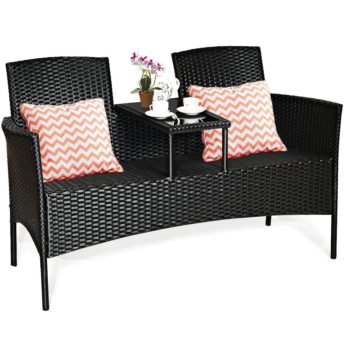 Wicker Patio Conversation Furniture Set with Removable Cushions and Table-Turquoise