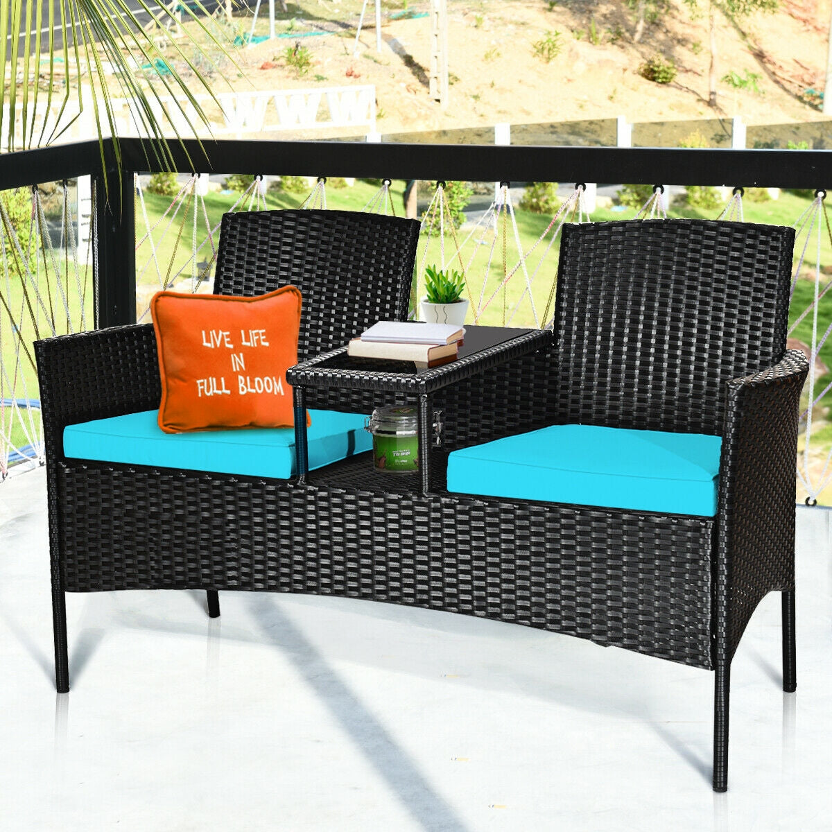 Wicker Patio Conversation Furniture Set with Removable Cushions and Table-Turquoise