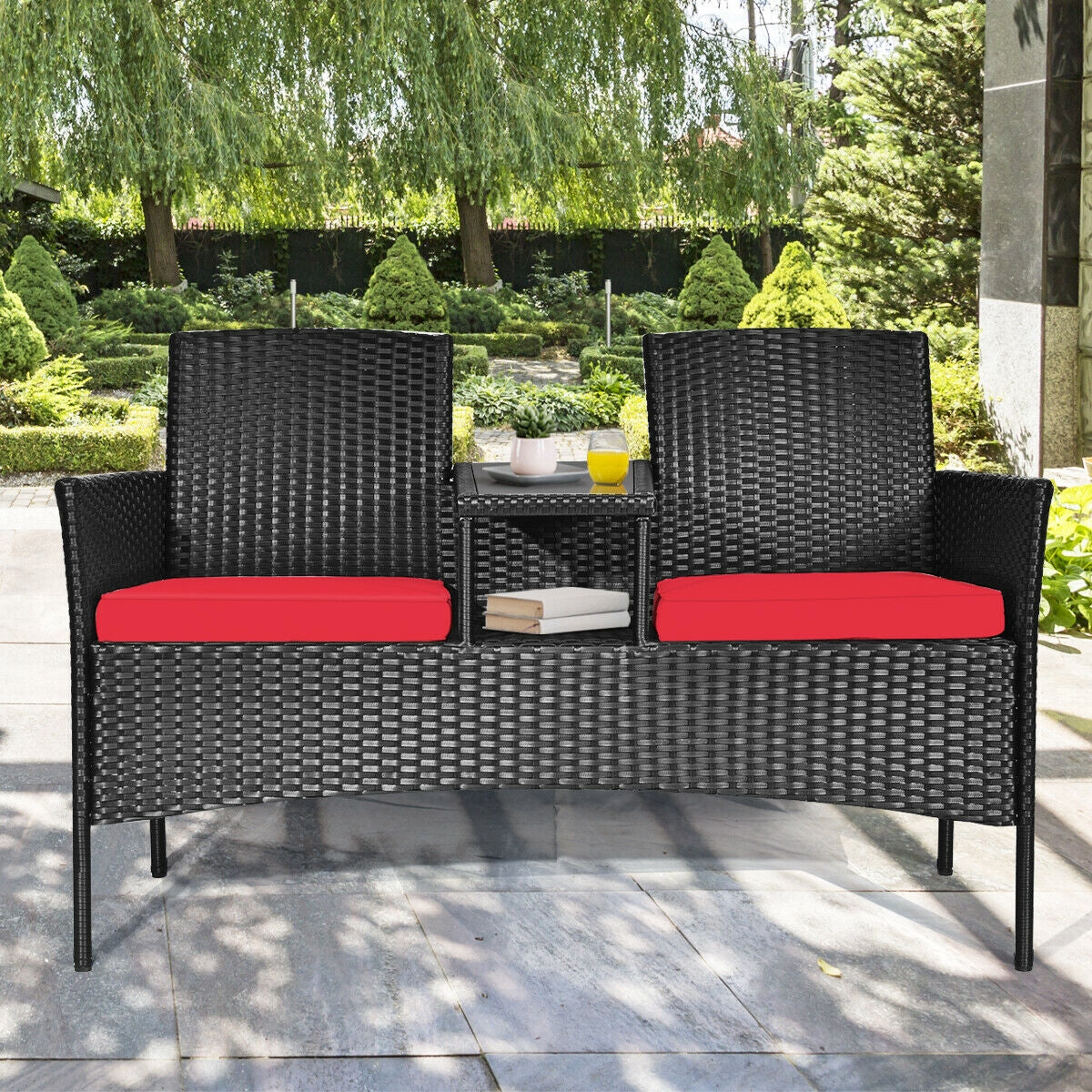 Wicker Patio Conversation Furniture Set with Removable Cushions and Table-Red