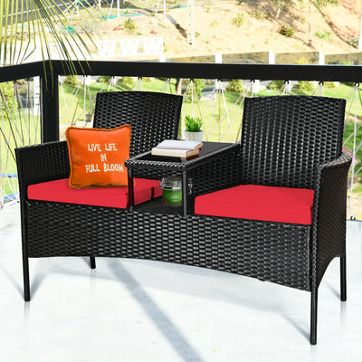 Wicker Patio Conversation Furniture Set with Removable Cushions and Table-RedÂ 