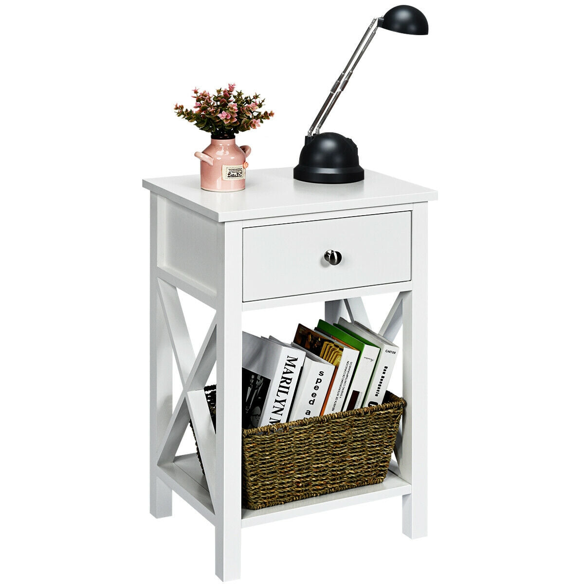 2pcs Bedroom Side End Nightstand with Drawer-White