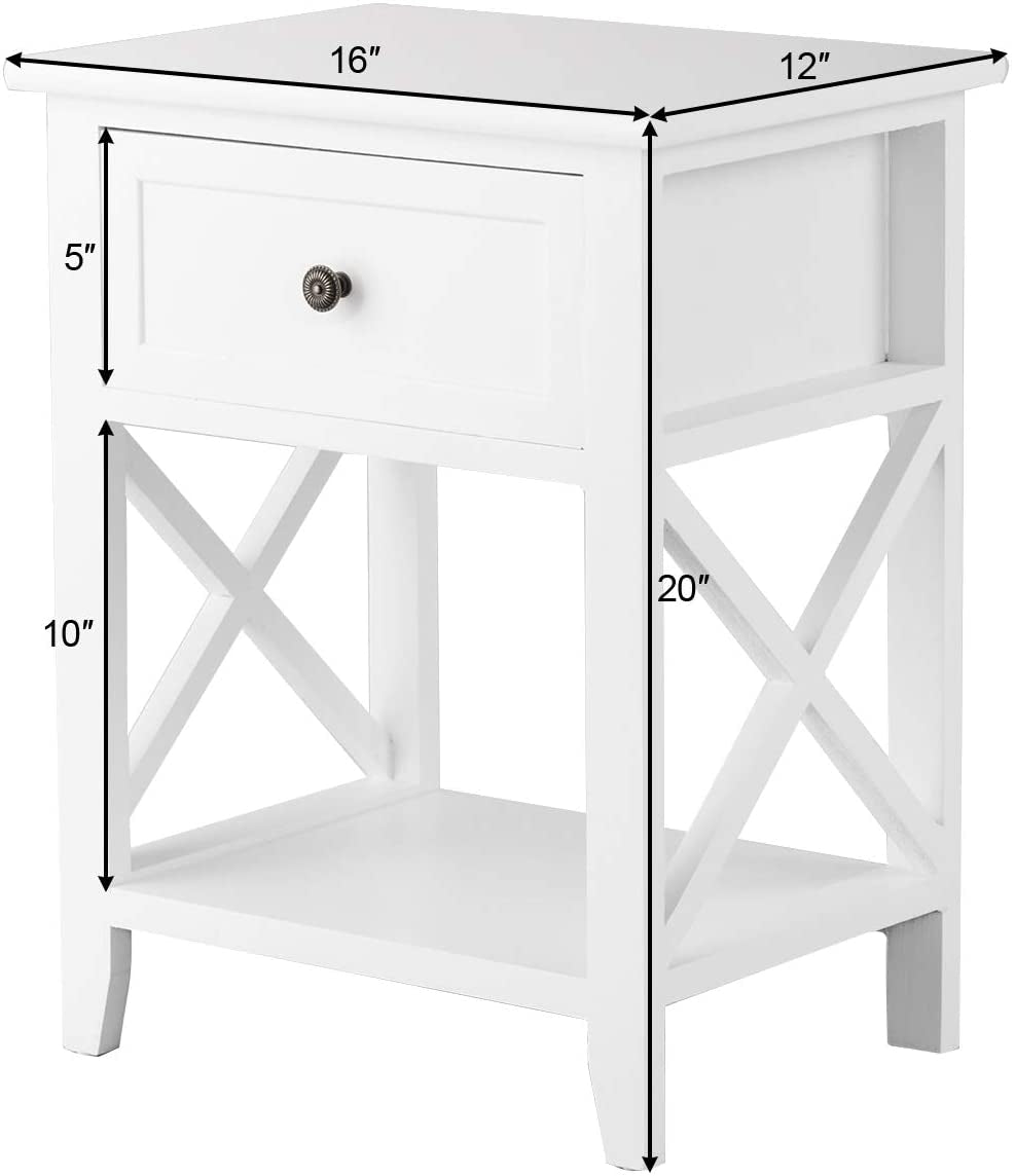 2pcs Bedroom Side End Nightstand with Drawer-White