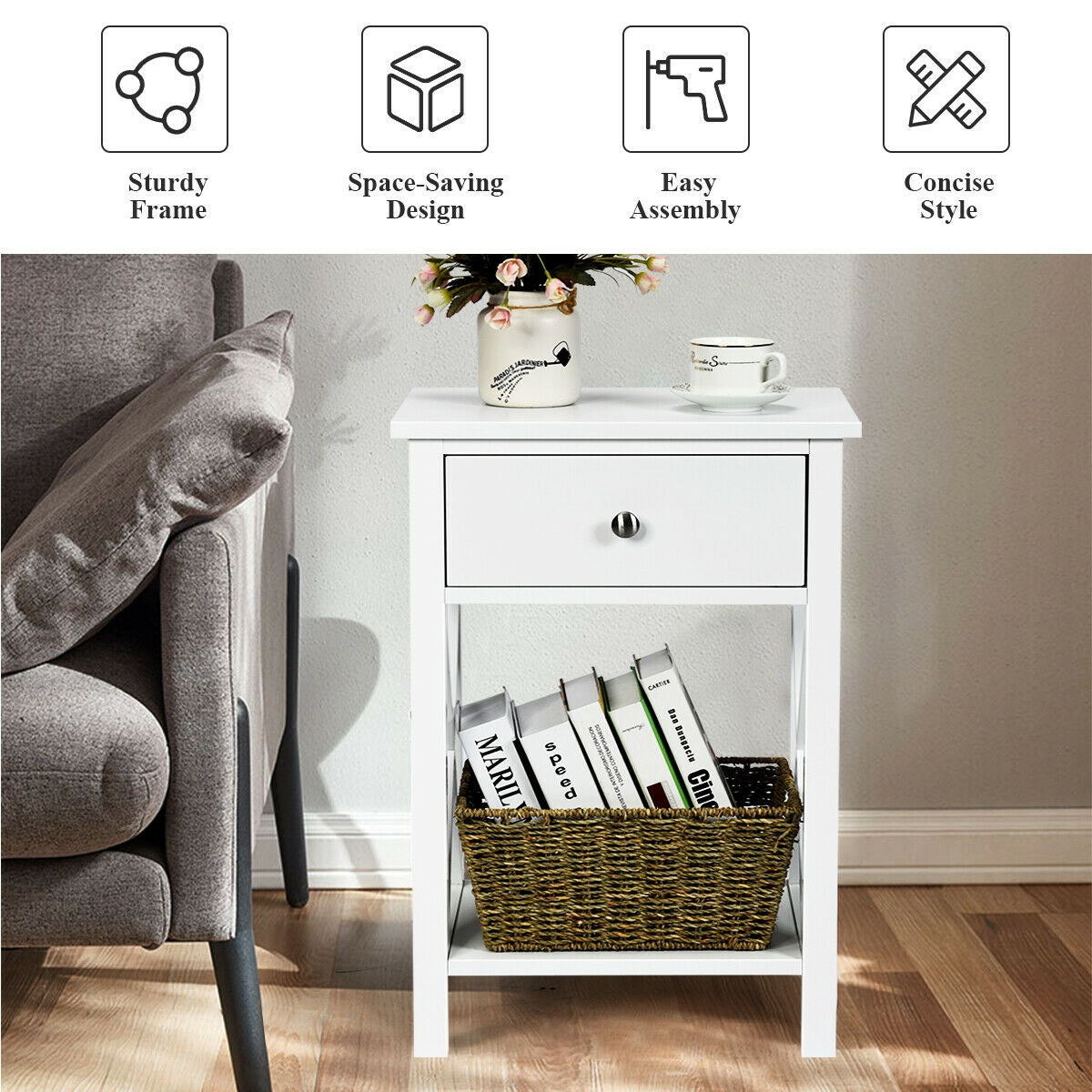 2pcs Bedroom Side End Nightstand with Drawer-White