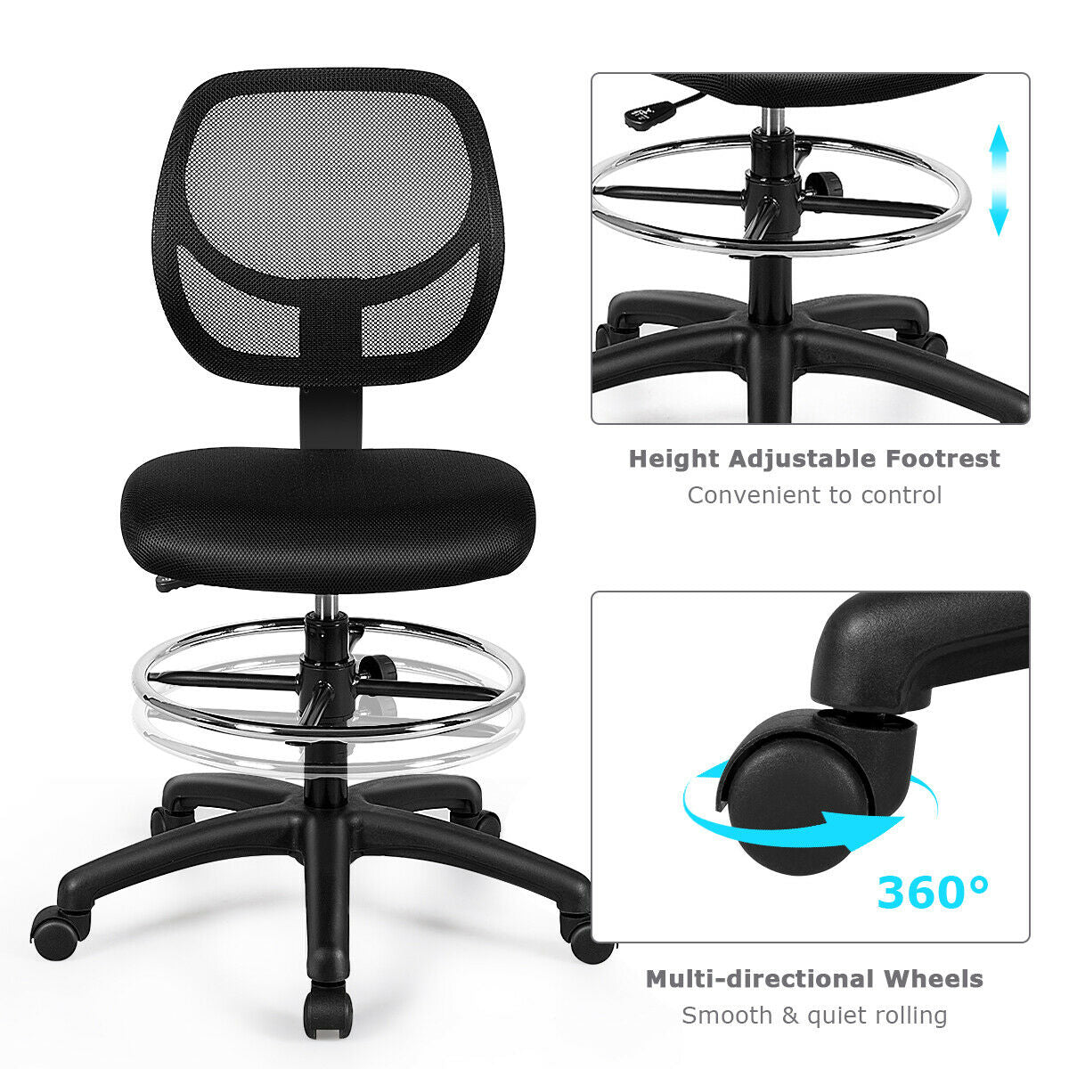 Adjustable Height Mid Back Mesh Drafting Office ChairÂ 