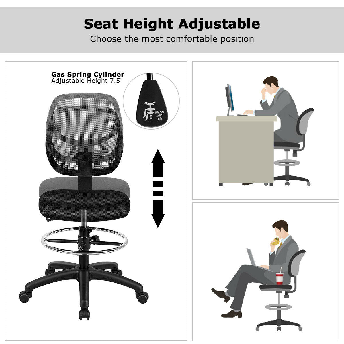 Adjustable Height Mid Back Mesh Drafting Office ChairÂ 