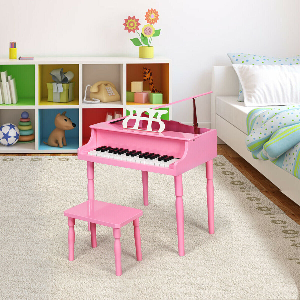 30-Key Wood Toy Kids Grand Piano with Bench and Music Rack-PinkÂ 