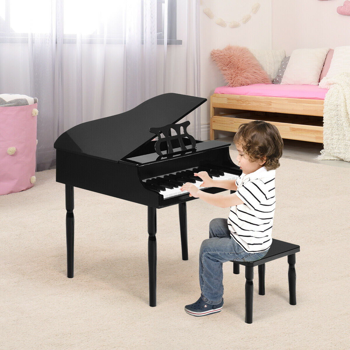 30-Key Wood Toy Kids Grand Piano with Bench and Music Rack-BlackÂ 