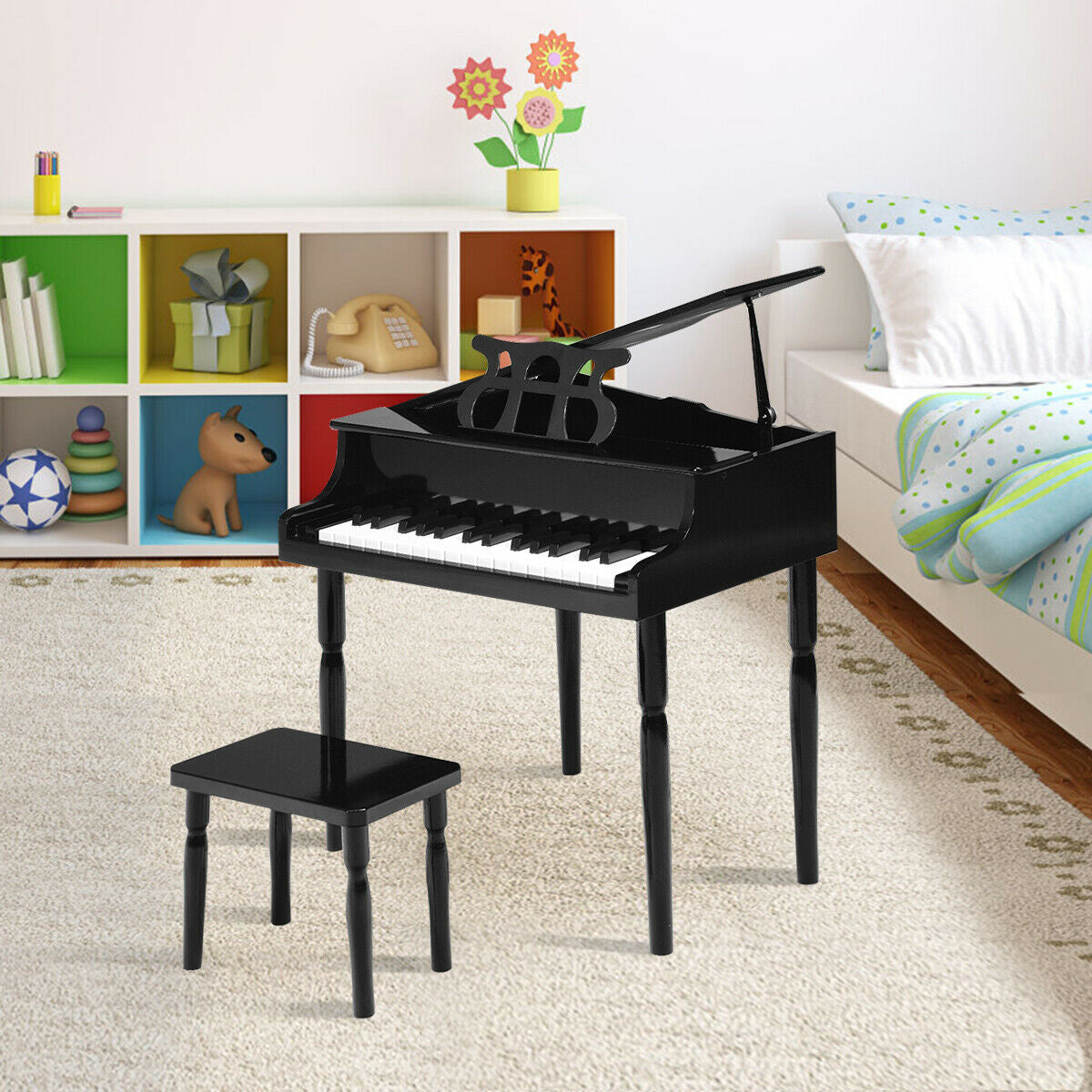 30-Key Wood Toy Kids Grand Piano with Bench and Music Rack-BlackÂ 